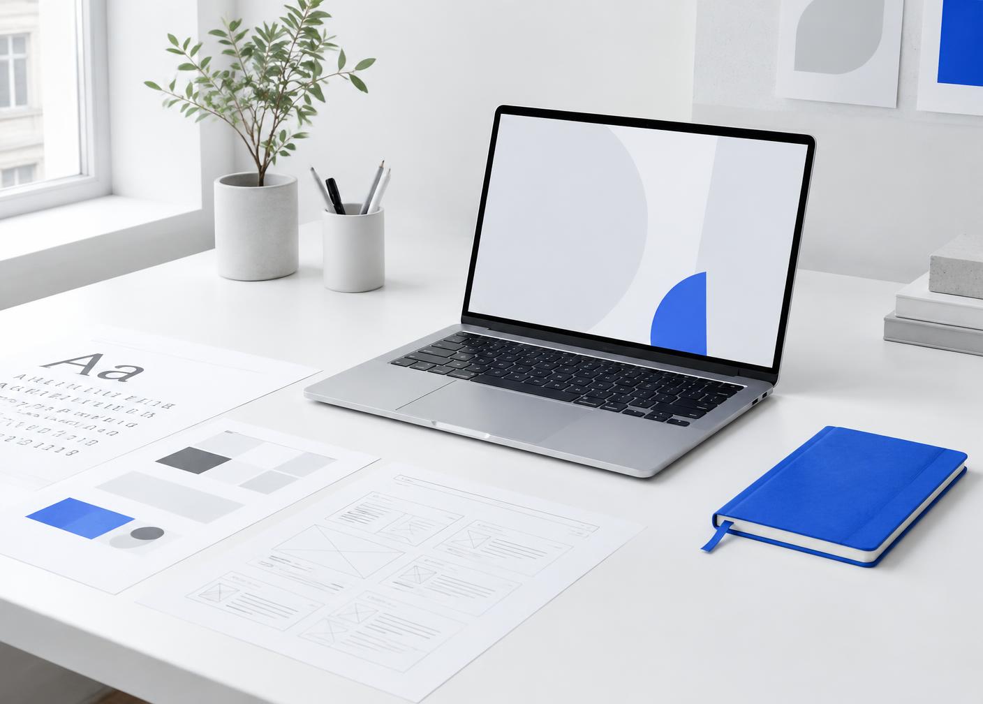 A bright design workspace with a laptop, typography sheets, and website wireframes